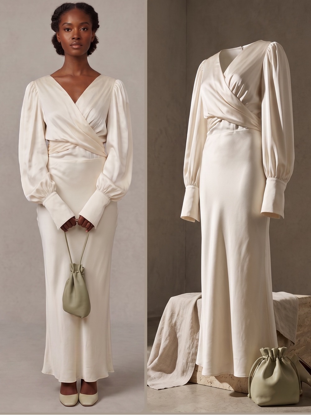 The Line by K Marfa Ivory Satin Wrap Back-Tie Gown Maxi Dress NWT $320